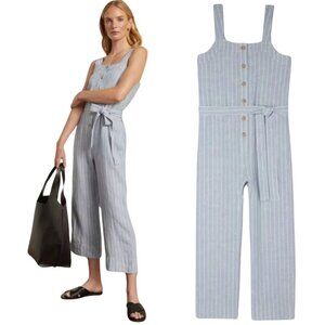 Everlane Linen Striped Button Up Jumpsuit Women's 4 Blue Tie Waist Boho Coastal